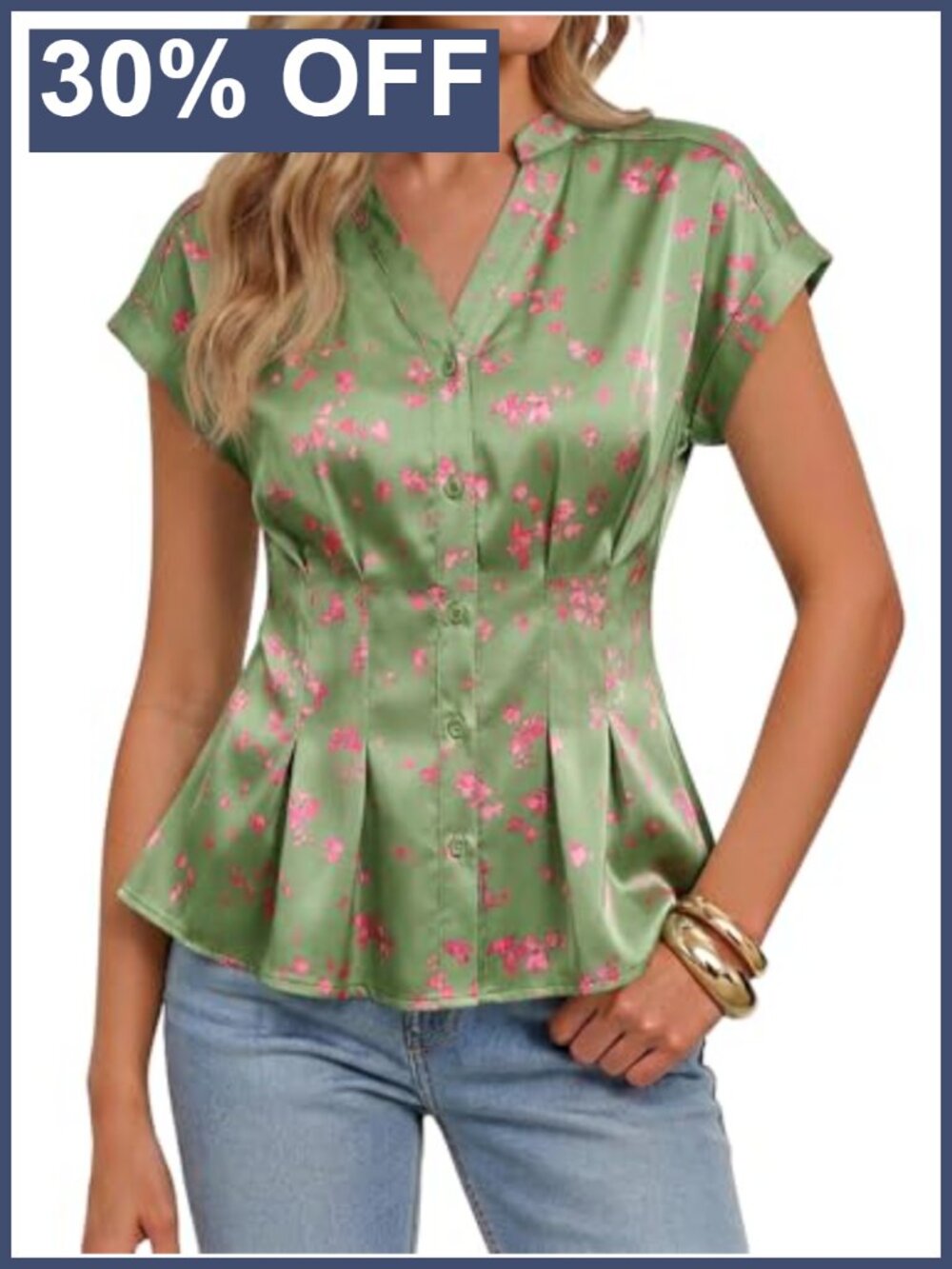 Satin Peplum Button Down Blouse V Neck Floral Short Sleeve Top